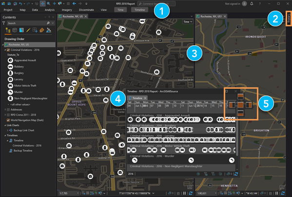 ArcGIS AllSource-Bedienoberfläche mit hervorgehobenen Anpassungen