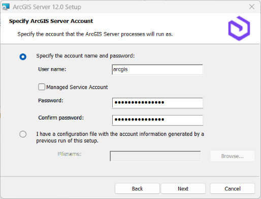 Geben Sie das ArcGIS-Server-Konto an.