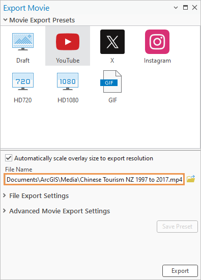 Bereich Film exportieren