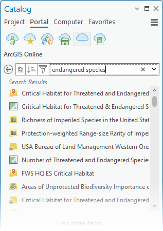 Der Bereich "Katalog" mit Suchergebnissen aus ArcGIS Online