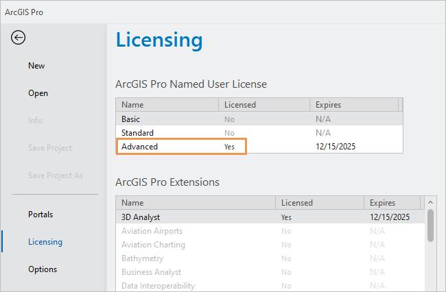 Registerkarte "Lizenzierung" in den ArcGIS Pro-Einstellungen