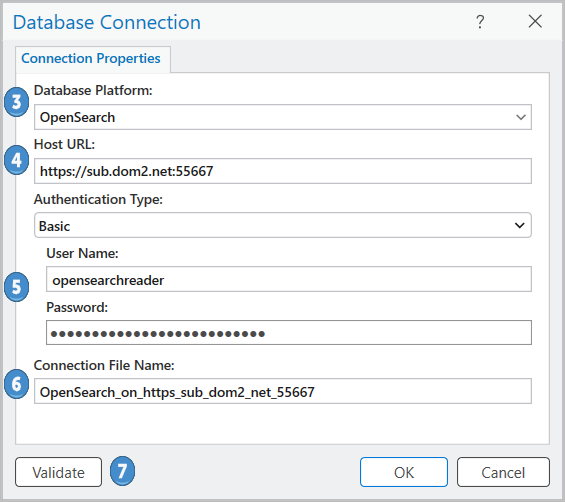 Herstellen einer Verbindung zu OpenSearch über das Dialogfeld "Datenbankverbindung"