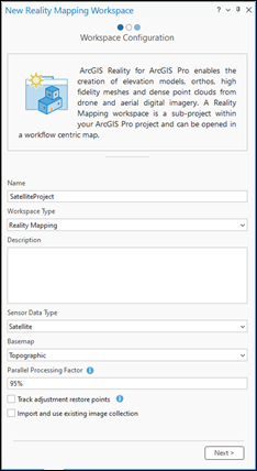 Assistent "Neuer Reality-Mapping-Workspace" mit der Seite "Workspace-Konfiguration"