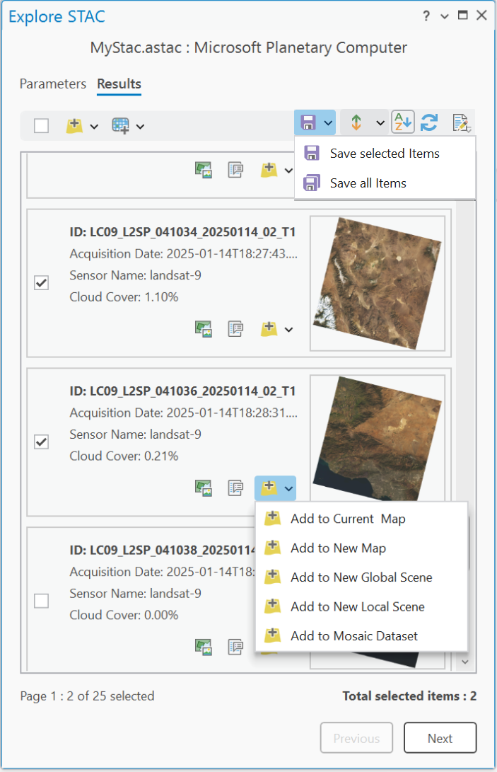 Registerkarte "Ergebnisse" im Bereich "STAC erkunden"