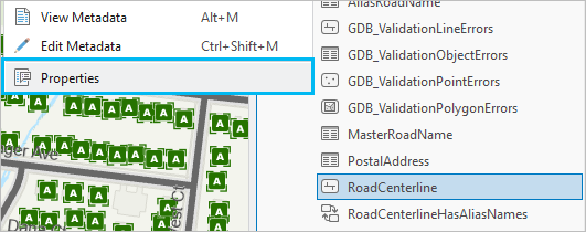 Road-Centerline-Feature-Class mit hervorgehobener Option "Eigenschaften"