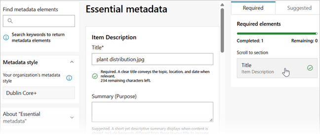 Die Seite "Basismetadaten" des ArcGIS-Metadateneditors umfasst drei Spalten, wobei die erforderlichen Elemente in der dritten Spalte aufgelistet werden.