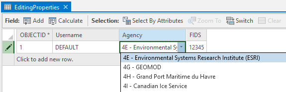 Agency field highlighted in the EditingProperties table