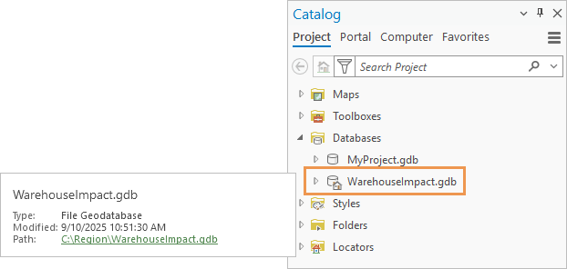 Bereich "Katalog" und Element-Pop-up mit Pfad zur Standard-Geodatabase