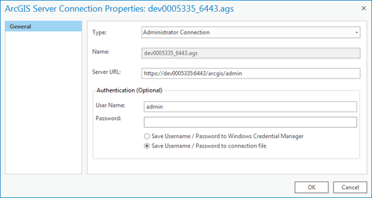 Fenster "Eigenschaften der Verbindung zum ArcGIS-Server"