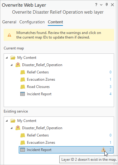 Neuer Web-Layer mit Sublayer-IDs verglichen mit den IDs des vorhandenen Service-Sublayers.
