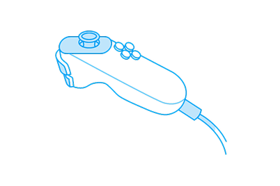 line illustration of handheld joystick with two front buttons, a top control switch and four directional buttons on top