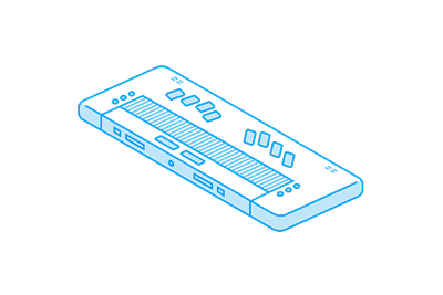 line illustration of refreshable Braille keyboard with front panel controls and pins for displaying Braille characters