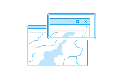 line illustration of map within browser window with magnification lens increasing the size of navigational controls