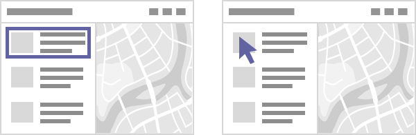 Two low-fidelity browser screens containing a list of cards, one displaying a border focus on a card, the other displaying a mouse cursor on a card