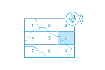 line illustration of map with voice recognition number grid and microphone indicating voice selection