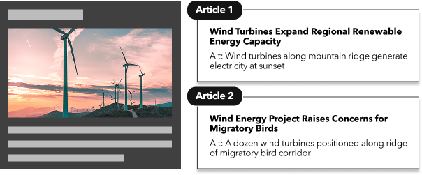 Low-fidelity card with block text and a high-fidelity photo, photo alt text changes by context. In article 1 with heading: Wind Turbines Expand Regional Renewable Energy Capacity, then alt text is: Wind turbines along mountain ridge generate electricity at sunset. In article 2 with heading: Wind Energy Project Raises Concerns for Migratory Birds, then alt text is: A dozen wind turbines positioned along ridge of migratory bird corridor.