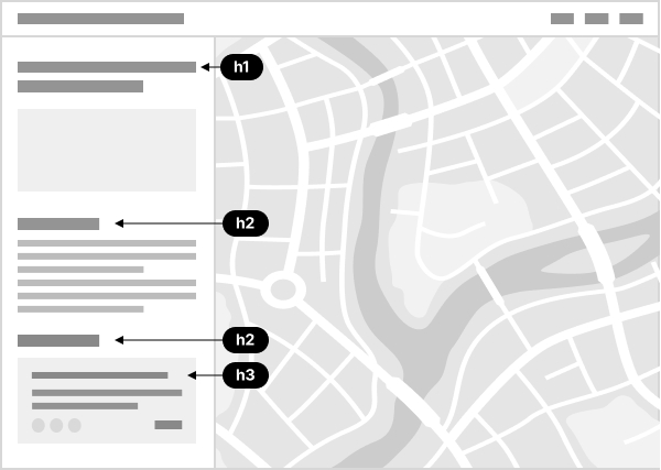 A low-fidelity map app with a sidebar showing block level headings to represent a nested structure of an h1, h2, h3