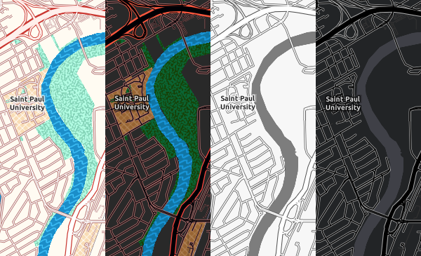 Slices of a basemap containing roads, Saint Paul University, a river, and green space set to the vector basemap options of enhanced light, enhanced dark, human geography light, and human geography dark to highlight contrast