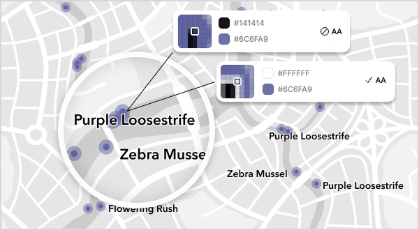 Shapes, like labels, can use a halo or stroke to ensure that color value meets a 3:1 contrast ratio against other map elements.