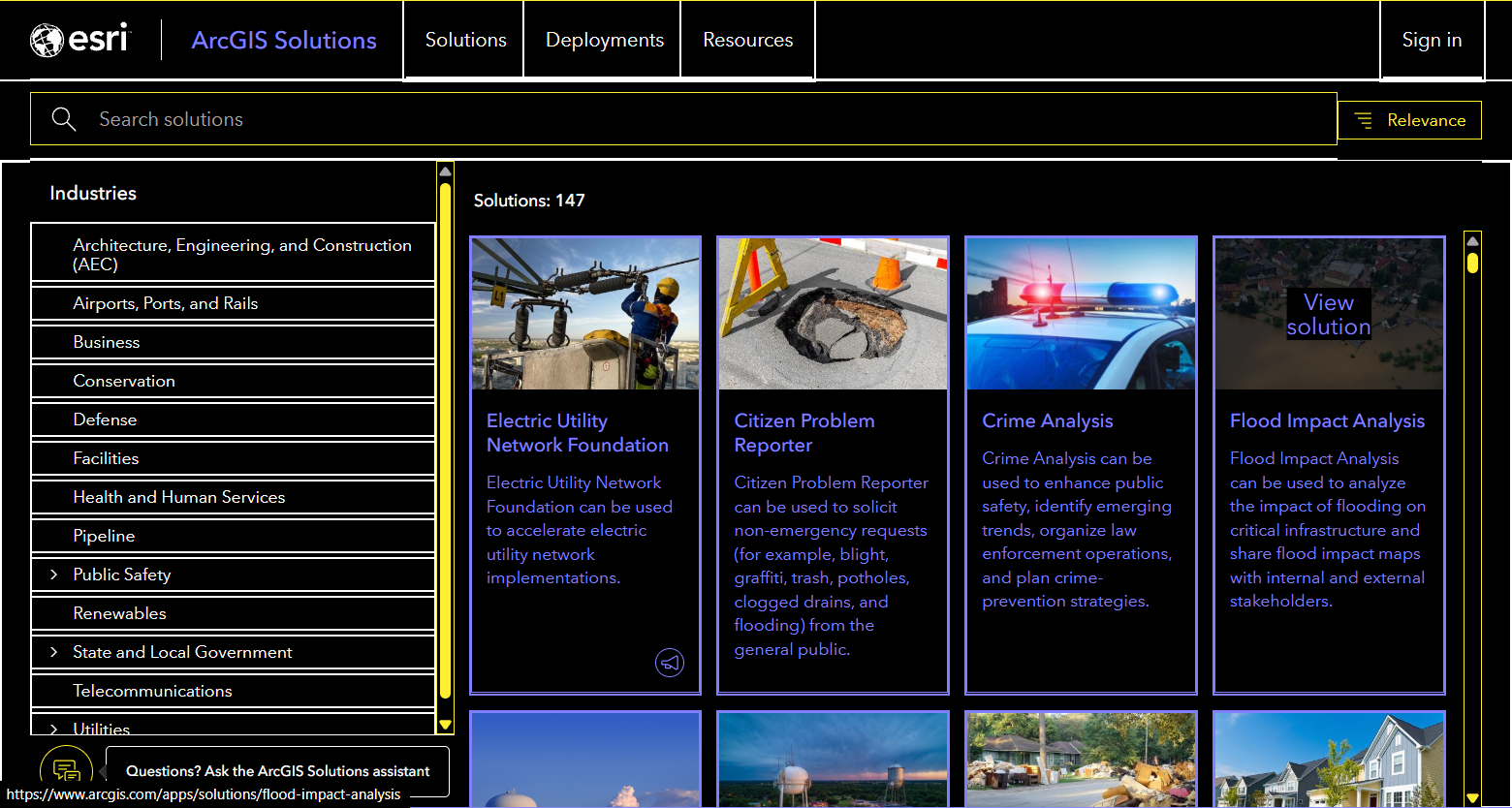 ArcGIS Solutions gallery with Windows high-contrast night sky theme applied