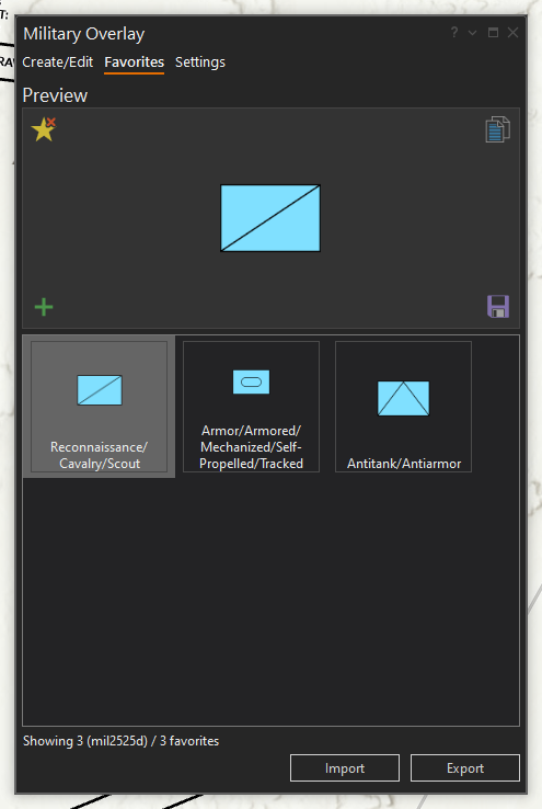 Military Overlay Favorites tab with three symbols, one of which is selected and previewed.