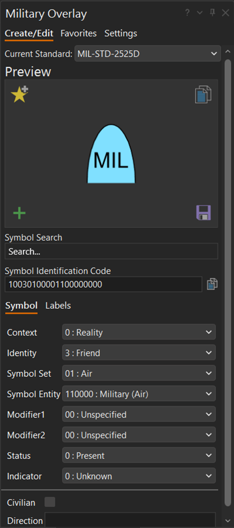 Military Overlay Create/Edit tab with symbol Preview and graphic modifier Symbol tab