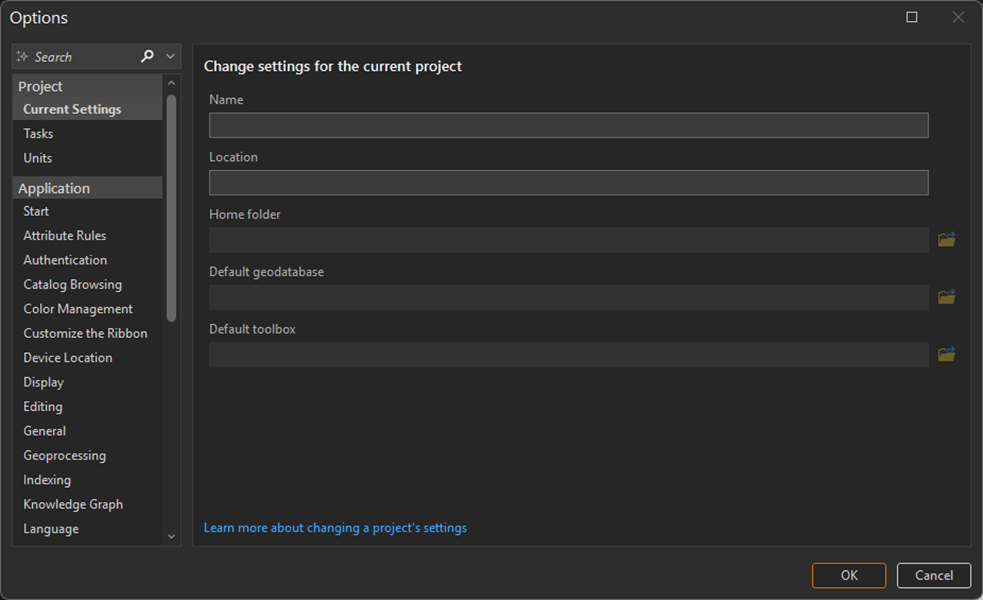 Use Options to customize the ArcGIS AllSource application and open projects.