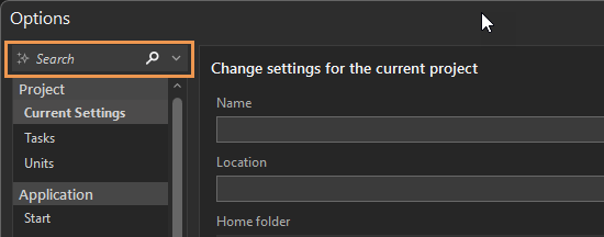 Search for settings in the Options dialog.