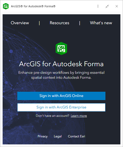 ArcGIS for Autodesk Forma extension sign in window user interface