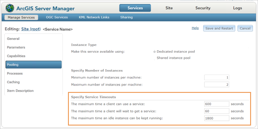 In ArcGIS Server Manager, the Specify Service Timeouts section is highlighted