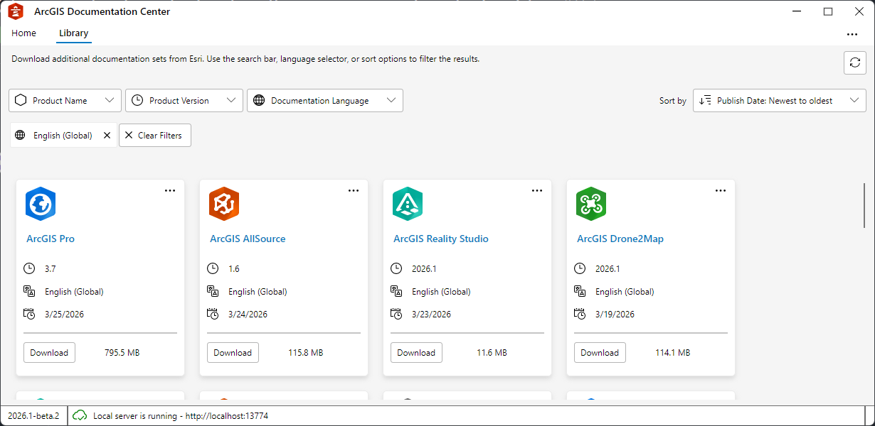 The Library tab showing doc sets available for download