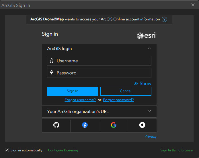 ArcGIS Drone2Map sign-in prompt