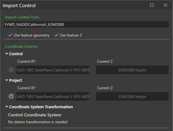 New coordinate system settings for import control