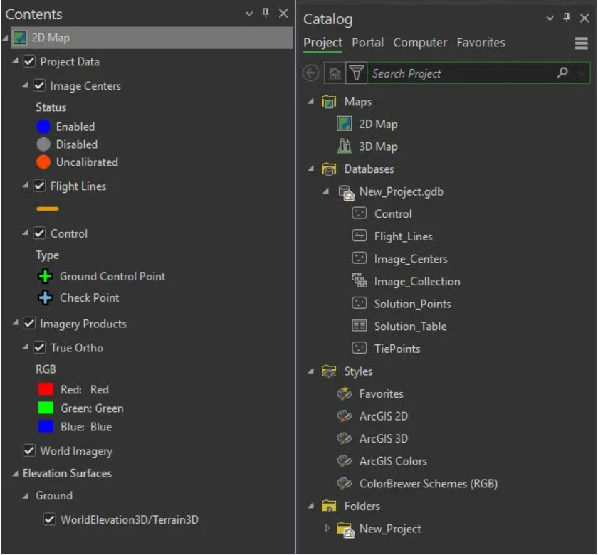 The Contents pane of a map and the Catalog pane