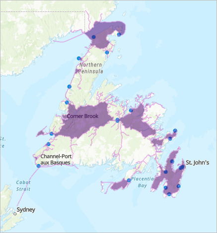 Travel areas surrounding electric charging stations