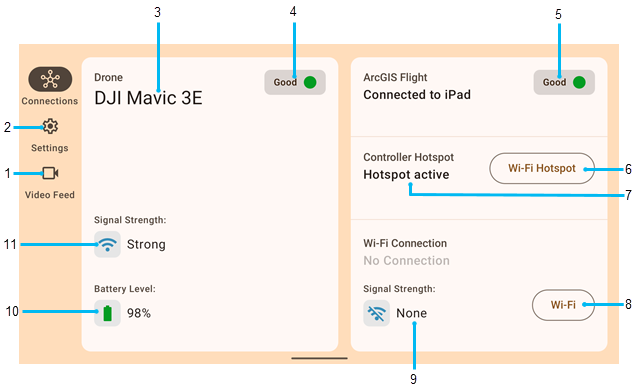 Preflight, the ArcGIS Flight Connection app interface shows the main components.
