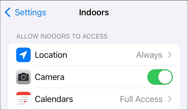 Indoors for iOS app access permissions