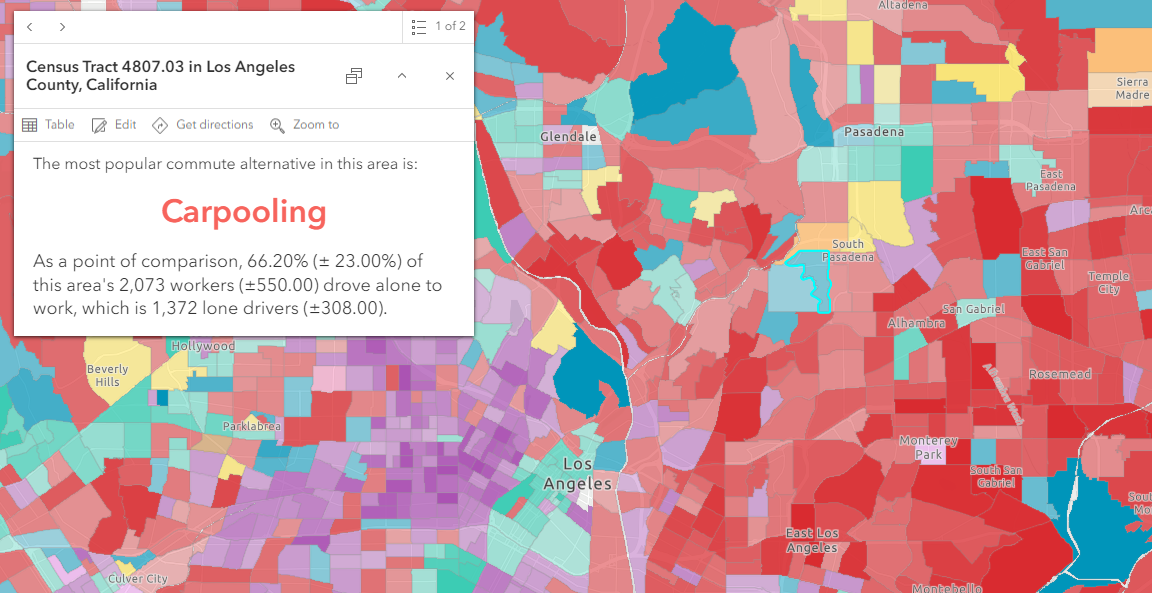 A map showing commute alternatives across census tracts near Los Angeles, CA with a pop-up indicating that one area's most popular commute is Carpooling.
