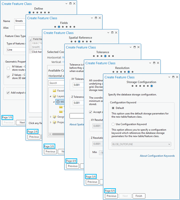 Create Feature Class wizard dialog box options