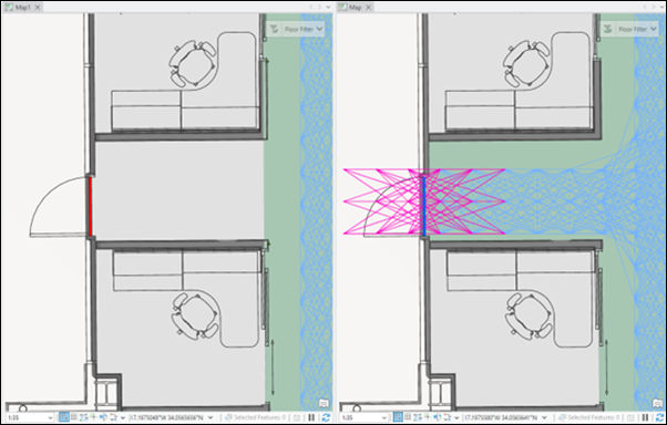 Illustration depicting invalid transition feature placement compared to valid transition feature placement with respect to the IPS area.