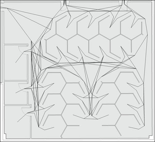 Universal Circulation Network pathways reflecting organic walking paths in a space unsuited for 90 degree angles
