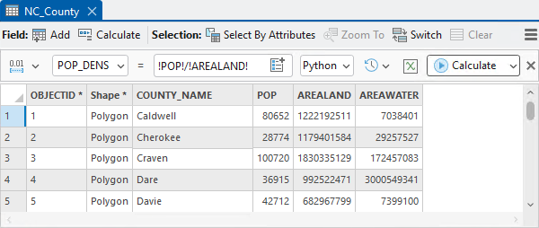 Calculate Field toolbar in an attribute table view