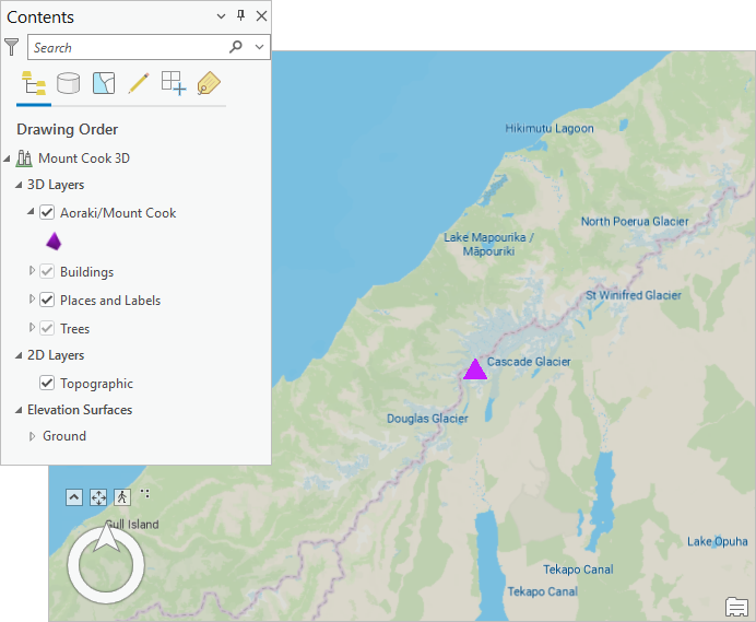Topographic 3D basemap and Contents pane