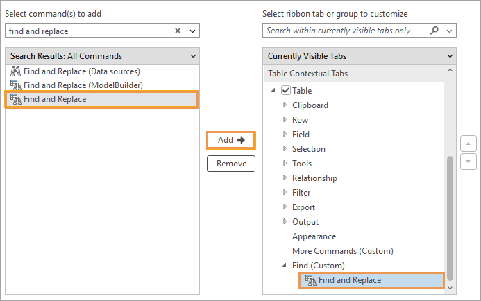 Find and Replace command added to a custom group