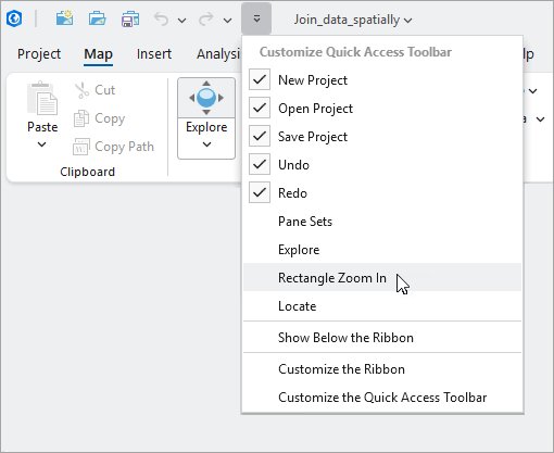 Rectangle Zoom command selected on the Customize Quick Access Toolbar drop-down menu