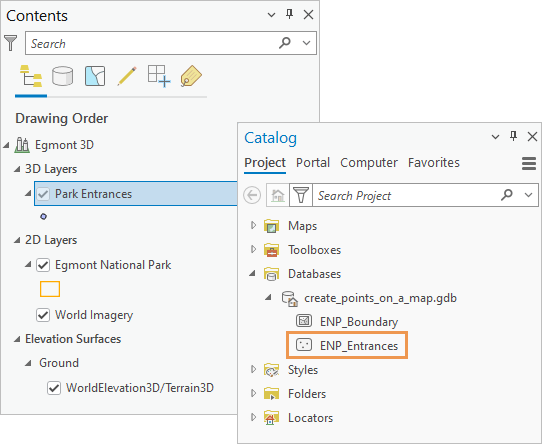 Contents pane showing a new layer and Catalog pane showing the new geodatabase feature class.