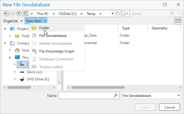 Browse dialog box with New Item drop-down menu selected