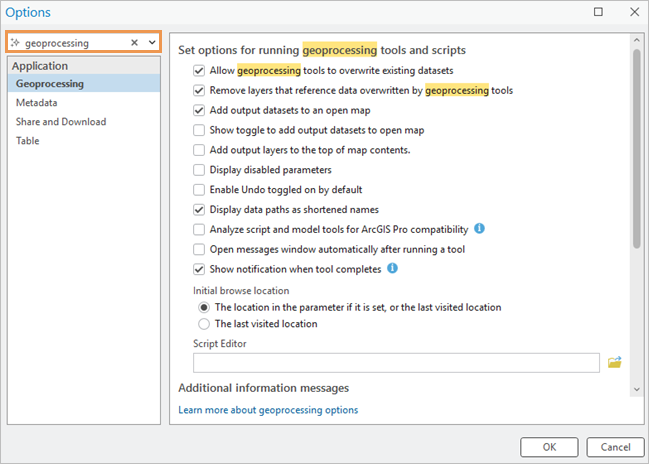 The Options dialog box with a keyword in the search box