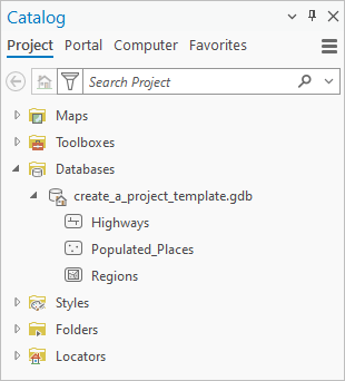 Contents of the default geodatabase in the Catalog pane