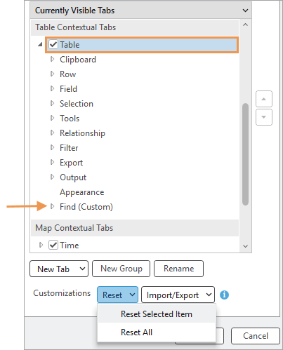 Selected tab containing a custom group with the Reset Selected Item command highlighted